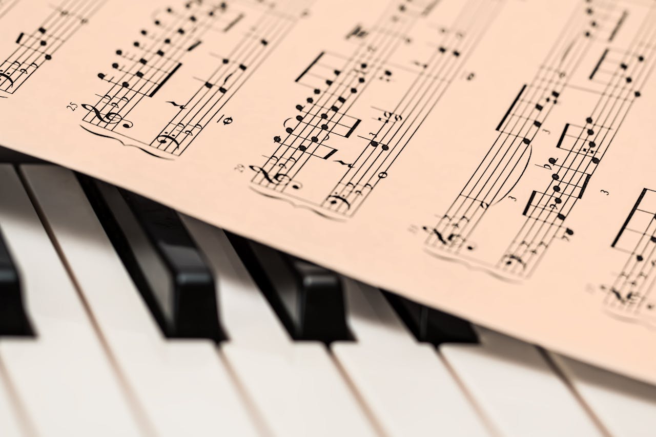 Prestations Black and white piano keys with a sheet of classical music creating a harmonious composition.